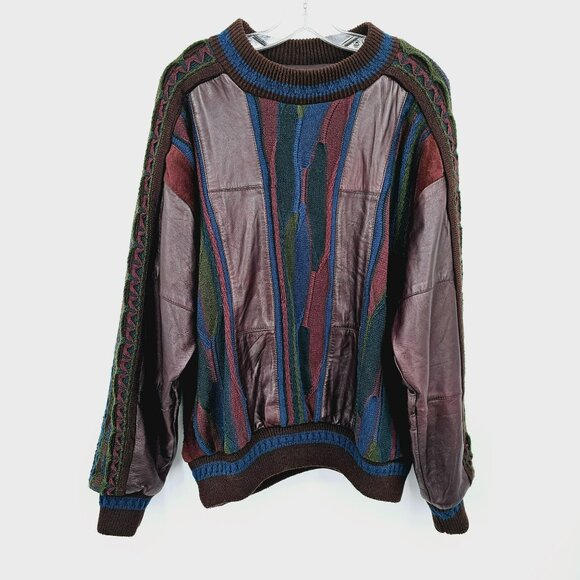 Saxony Collection Vintage 80s Cosby Sweater M Colorful Leather Suede HipHop 90s - Picture 11 of 11